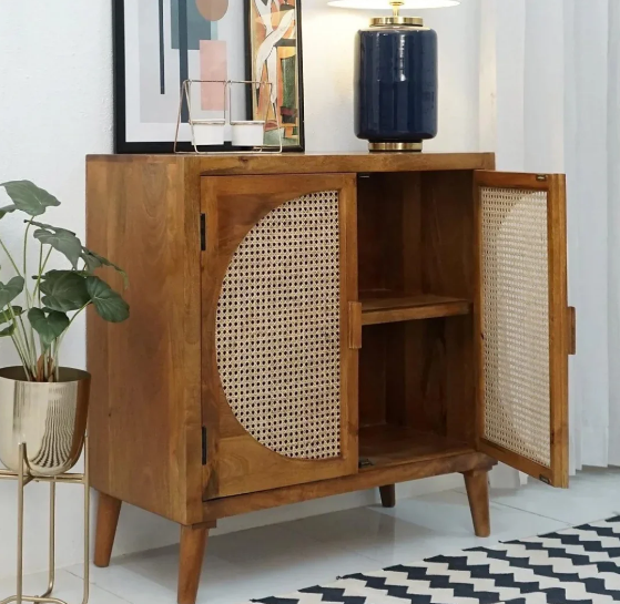 2-Door Mango Wood & Cane Cabinet - Image 2