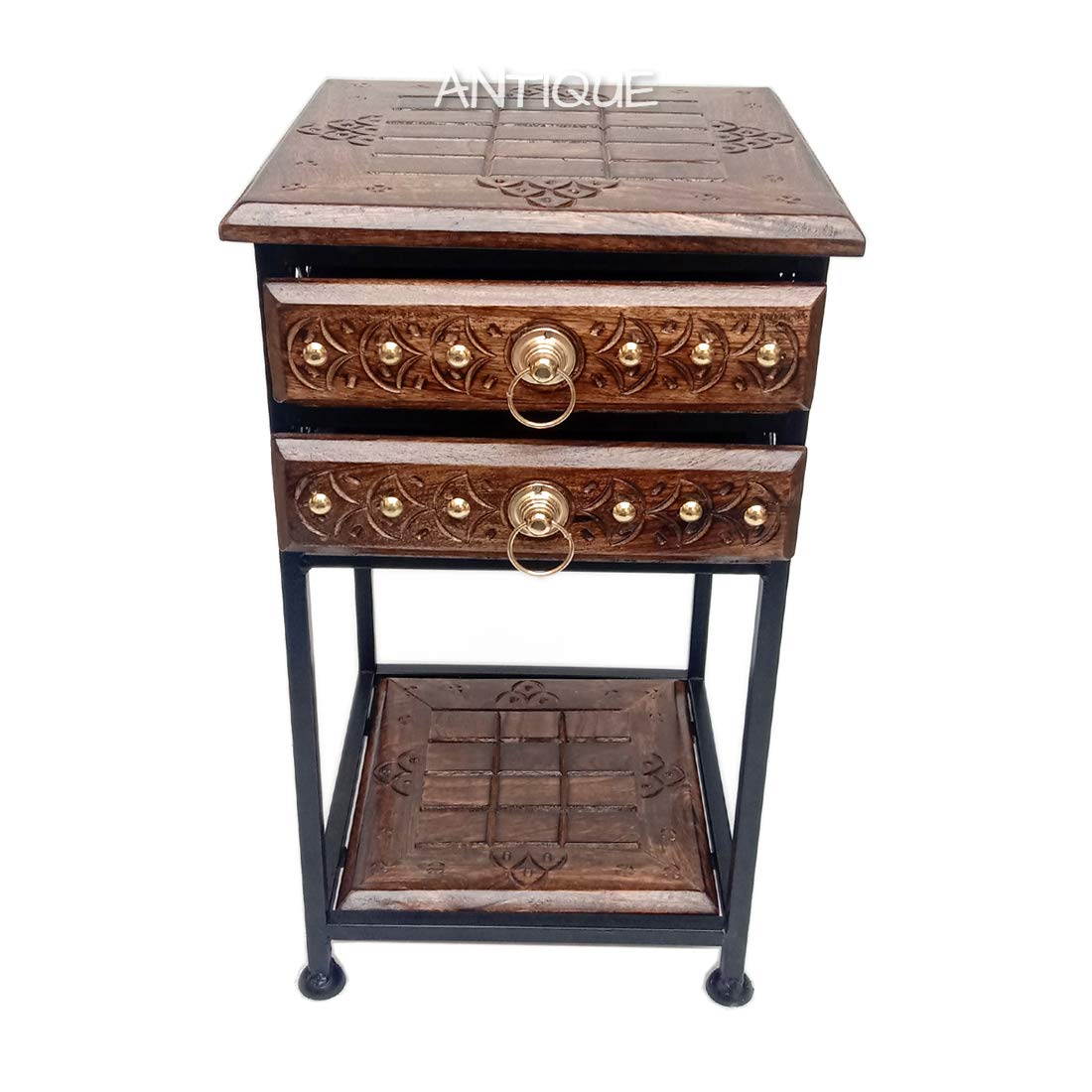 Wooden Wrought Iron Bedside Table 2 Drawers for Living Room - Image 2