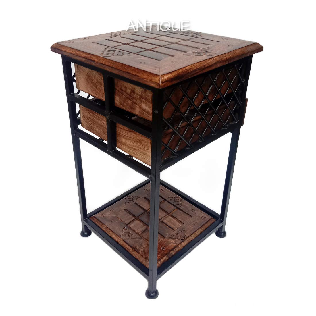 Wooden Wrought Iron Bedside Table 2 Drawers for Living Room - Image 3