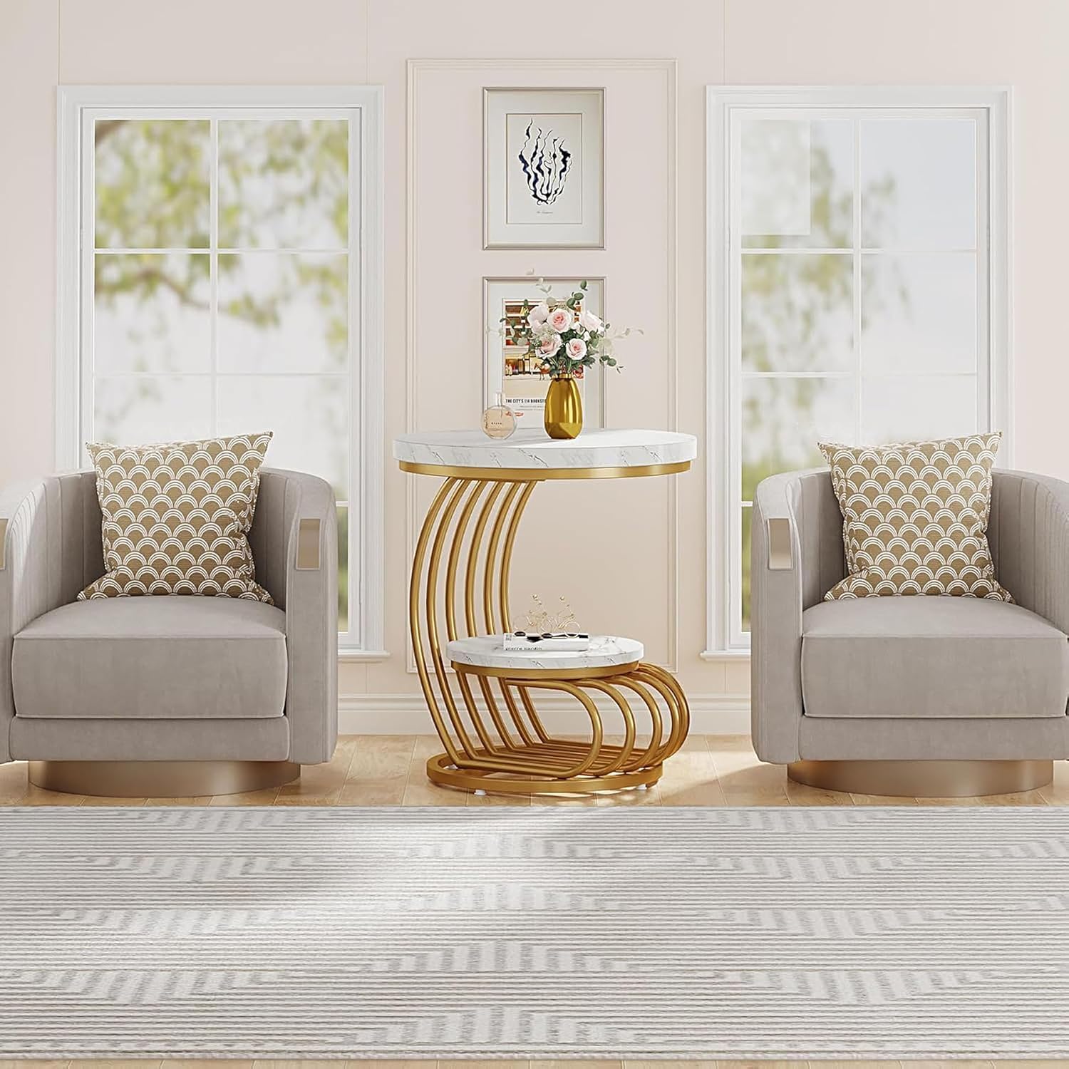 Modern Look Metal Coffee Table, End Table with Double Shelf - Image 8