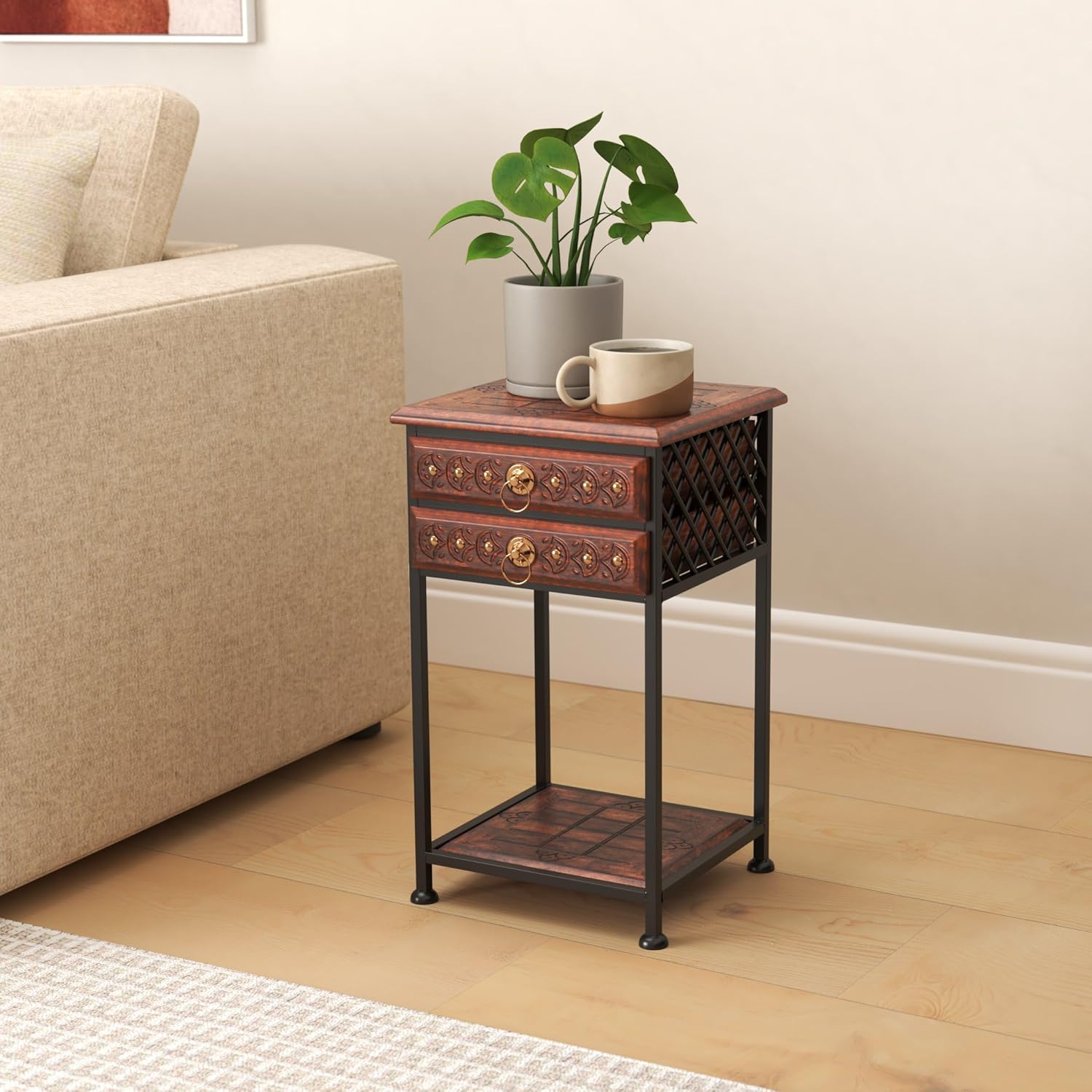 Wooden Wrought Iron Bedside Table