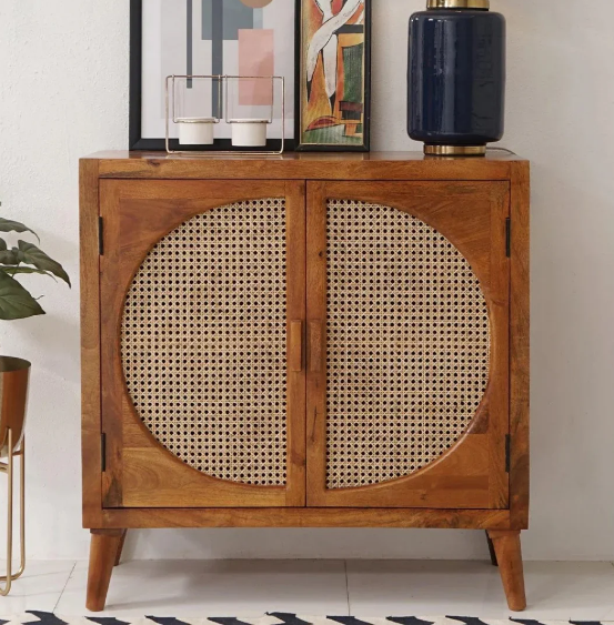 2-Door Mango Wood & Cane Cabinet